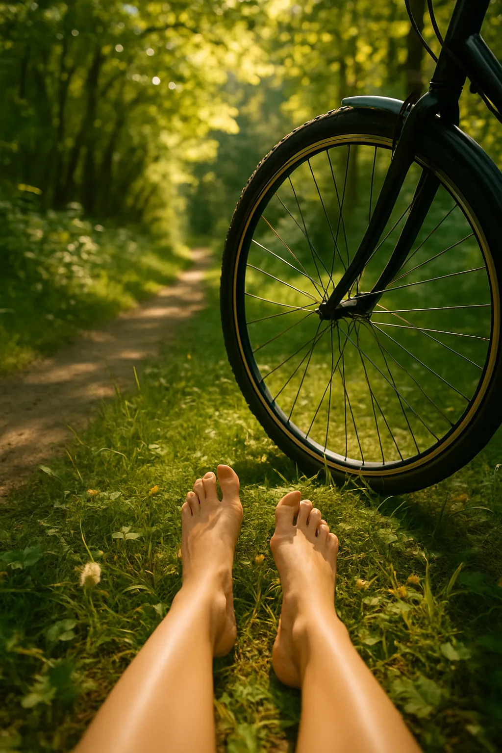 Füße im Gras neben dem Fahrrad – Achtsamkeit beim Radfahren