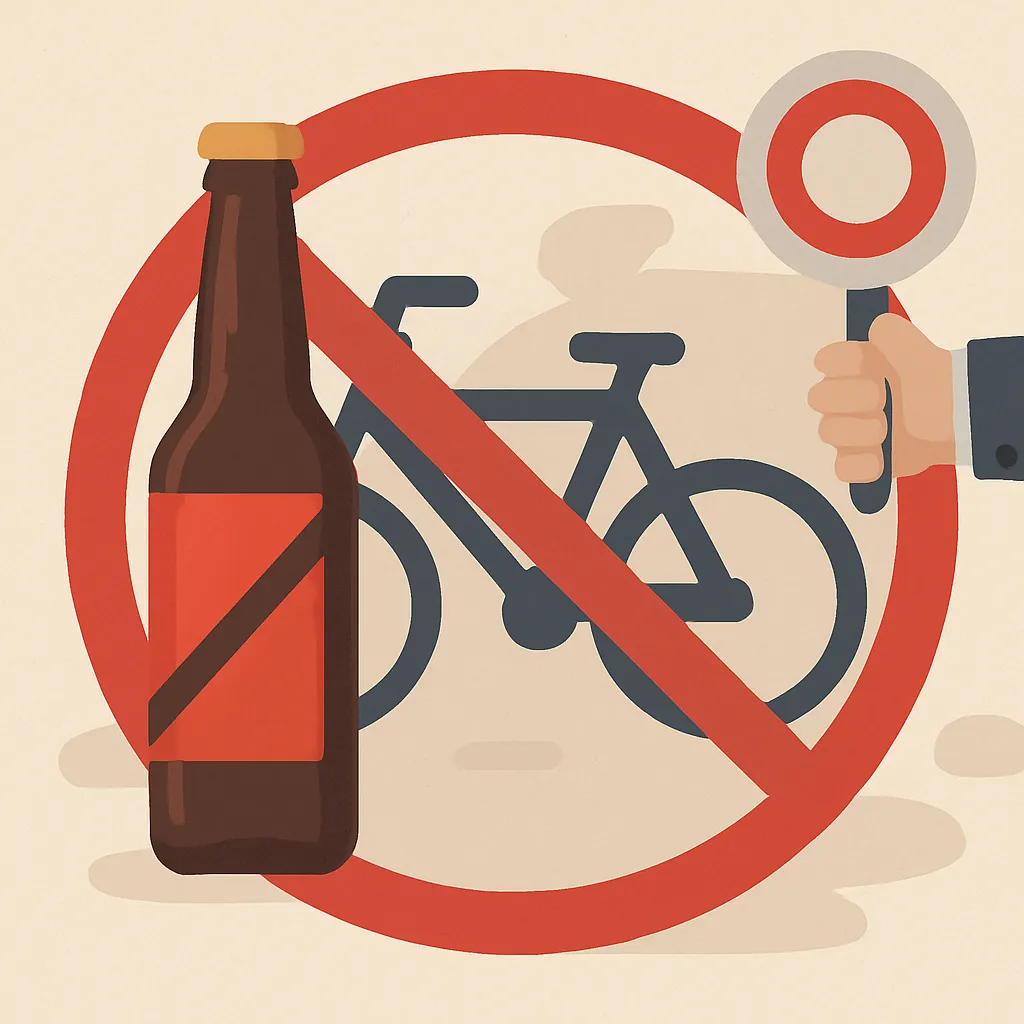 Symbolische Illustration mit durchgestrichener Flasche und Fahrrad – Warnung vor Alkohol am Lenker