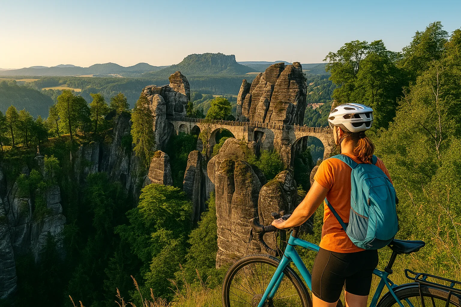Radfahrerin mit Blick auf die Bastei in der Sächsischen Schweiz