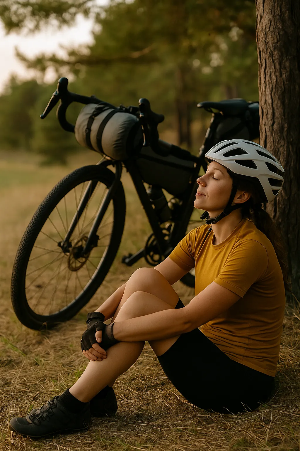 Bikepacking Pause im Wald, entspannte Radfahrerin