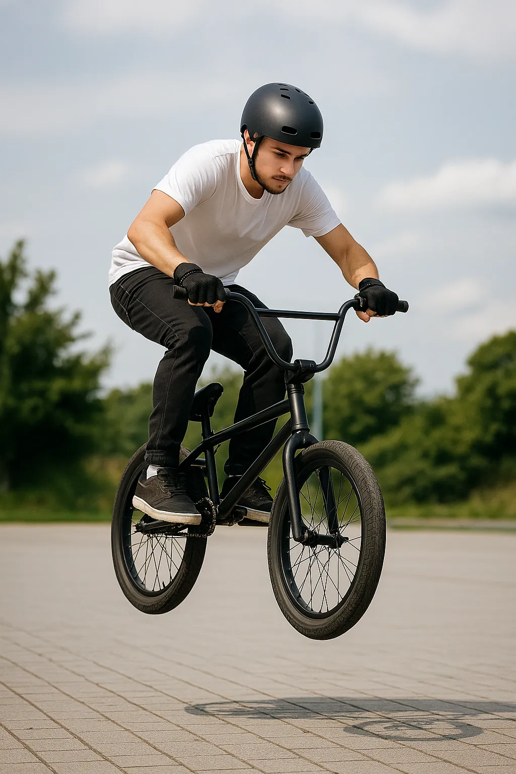 BMX-Anfänger führt Bunnyhop mit Helm und Handschuhen auf freier Fläche aus