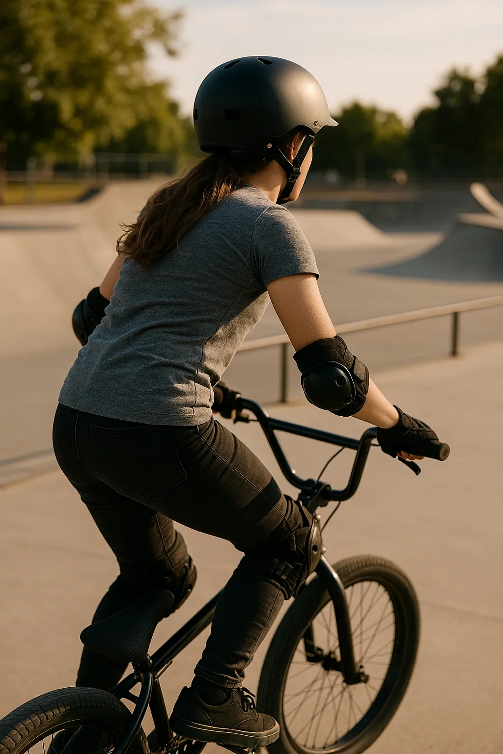 BMX-Fahrerin mit Helm, Knie- und Ellenbogenschonern im Skatepark von hinten fotografiert