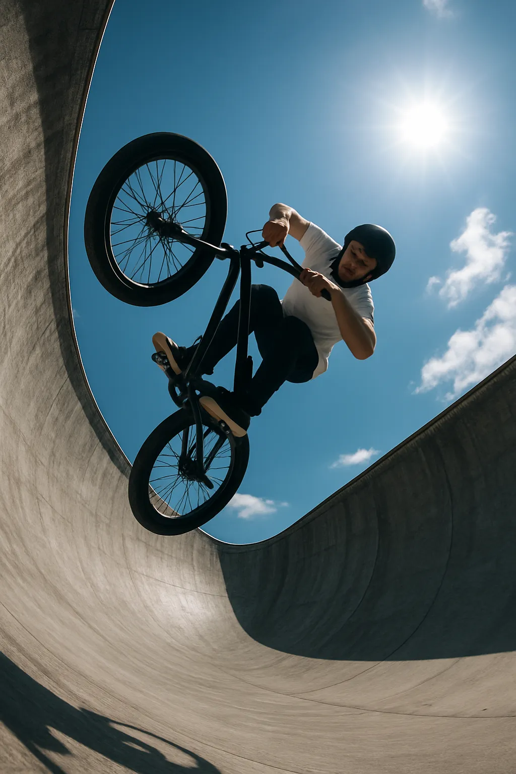 BMX-Fahrer beim Air-Grab in der Halfpipe aus der Froschperspektive