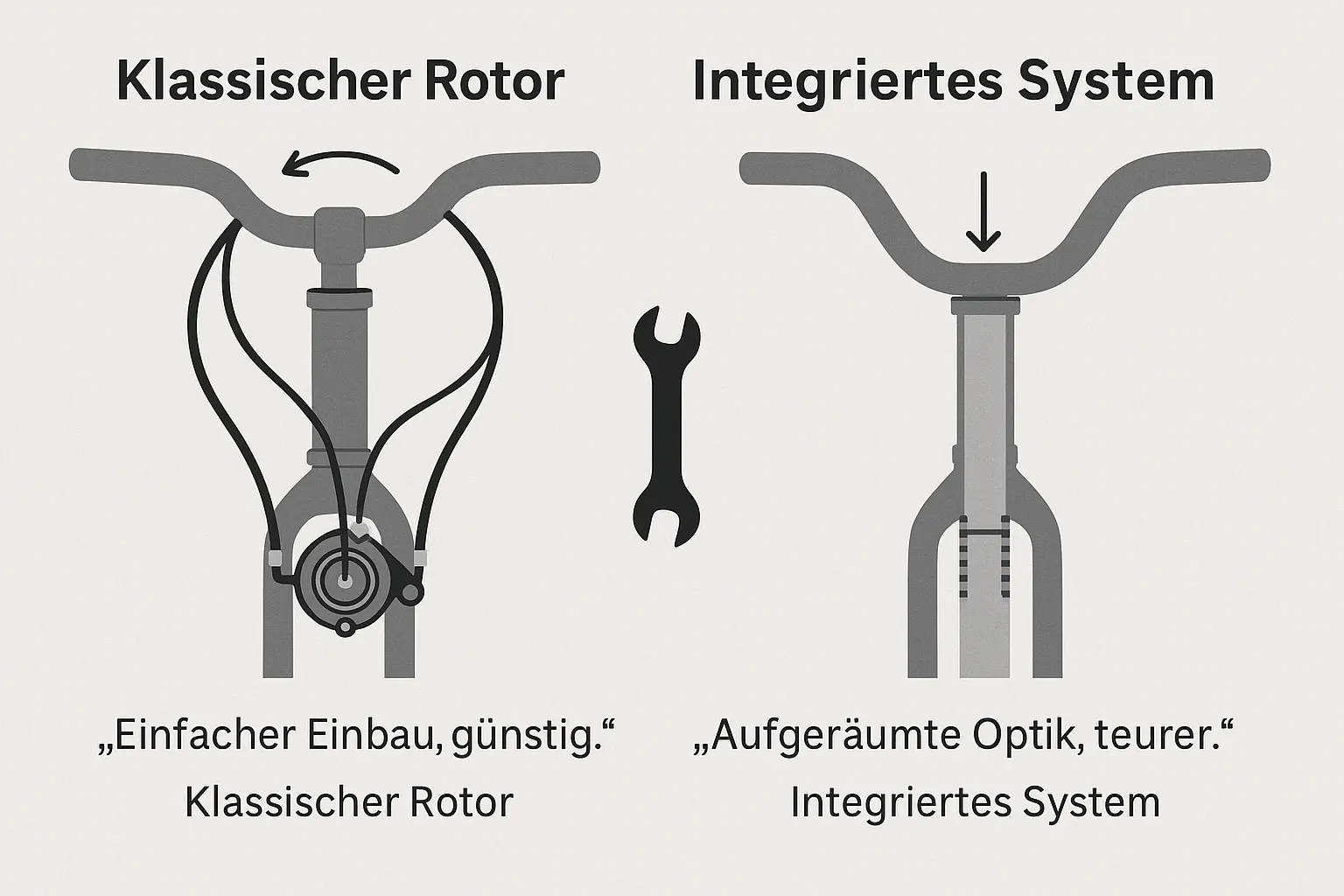 Schemazeichnung klassischer Rotor vs. integriertes System am BMX Lenker