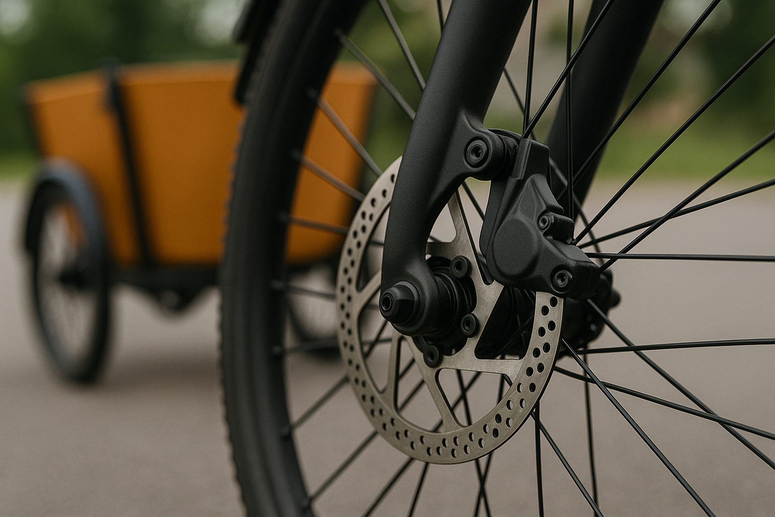 Detailaufnahme Fahrrad-Scheibenbremse mit Anhänger im Hintergrund