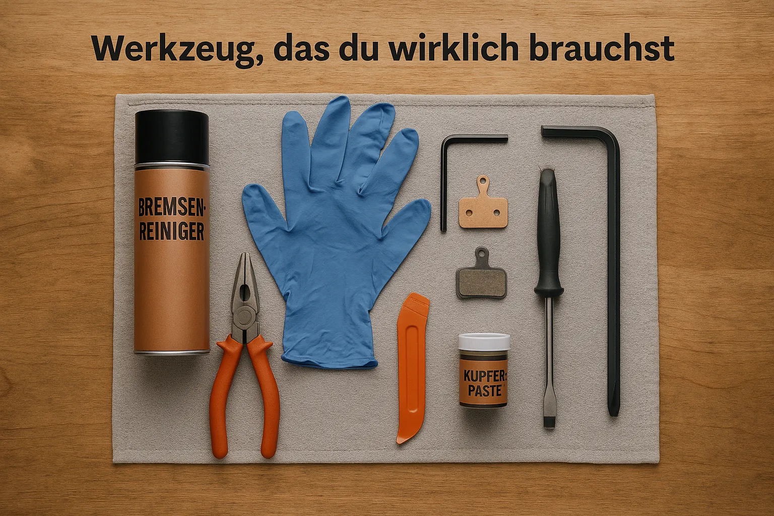 Übersicht der Werkzeuge zum Wechsel von Bremsbelägen am Mountainbike