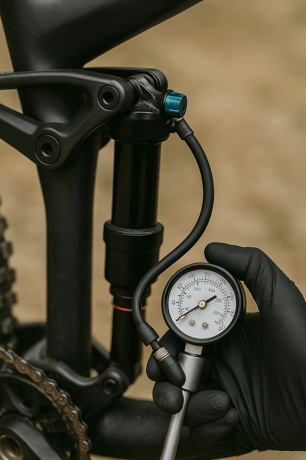 Luftdruckprüfung am hinteren Stoßdämpfer mit Dämpferpumpe am Mountainbike