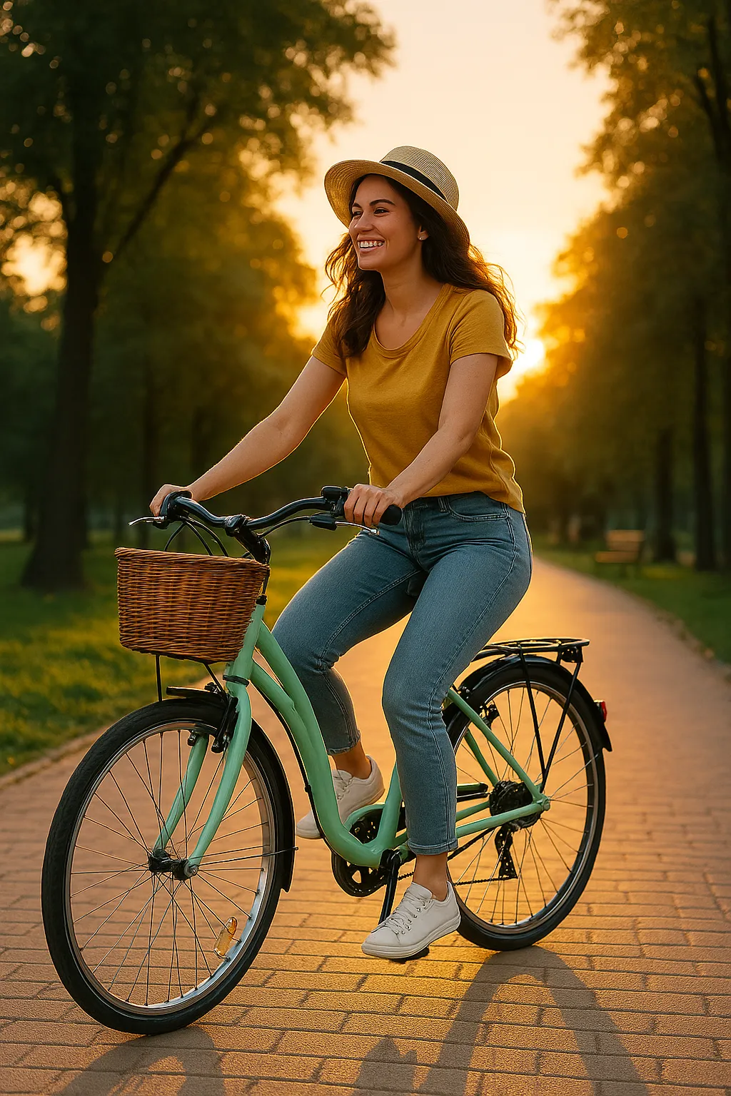 Frau mit Citybike bei Sonnenuntergang im Park