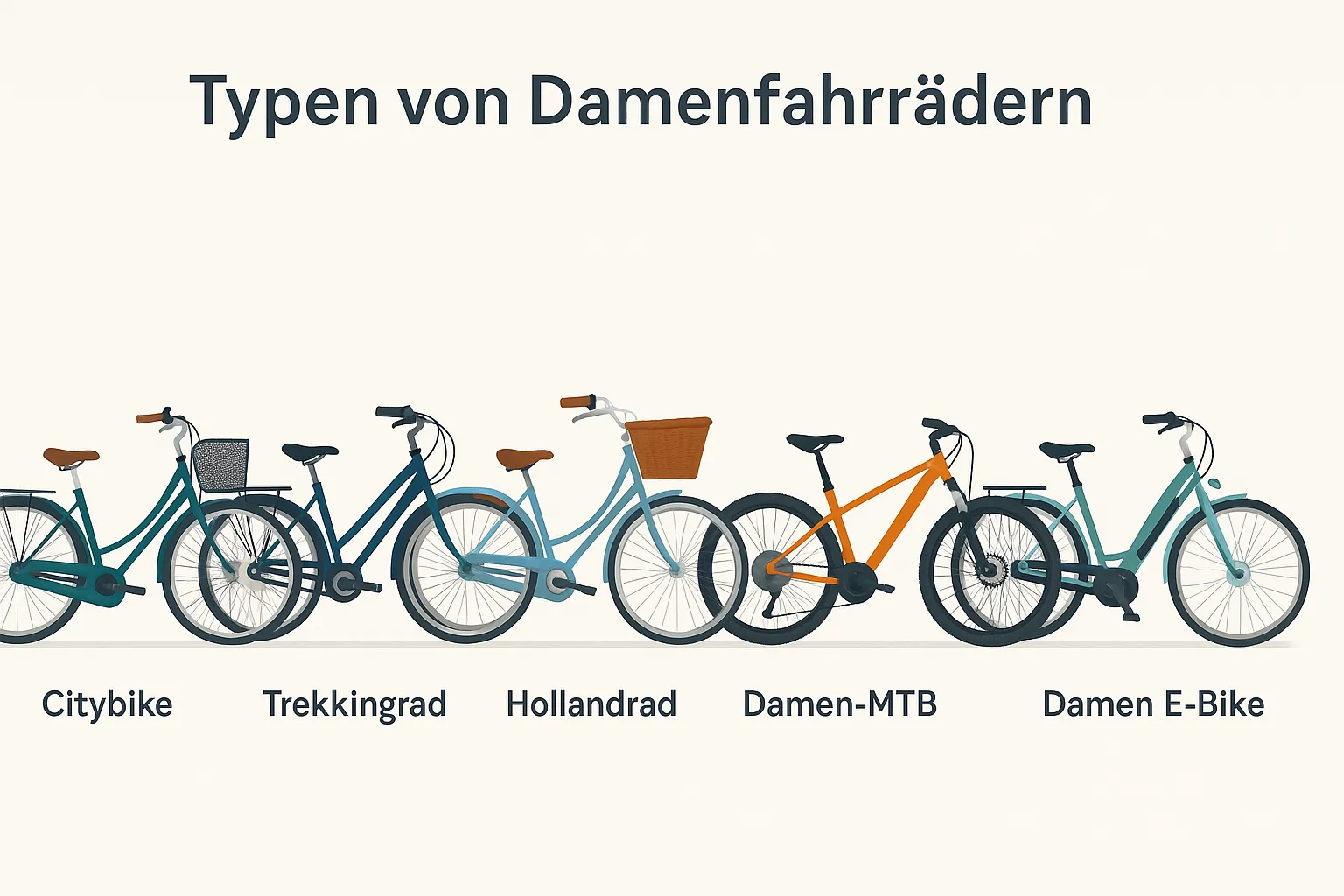 Übersicht über verschiedene Damenfahrradtypen nebeneinander