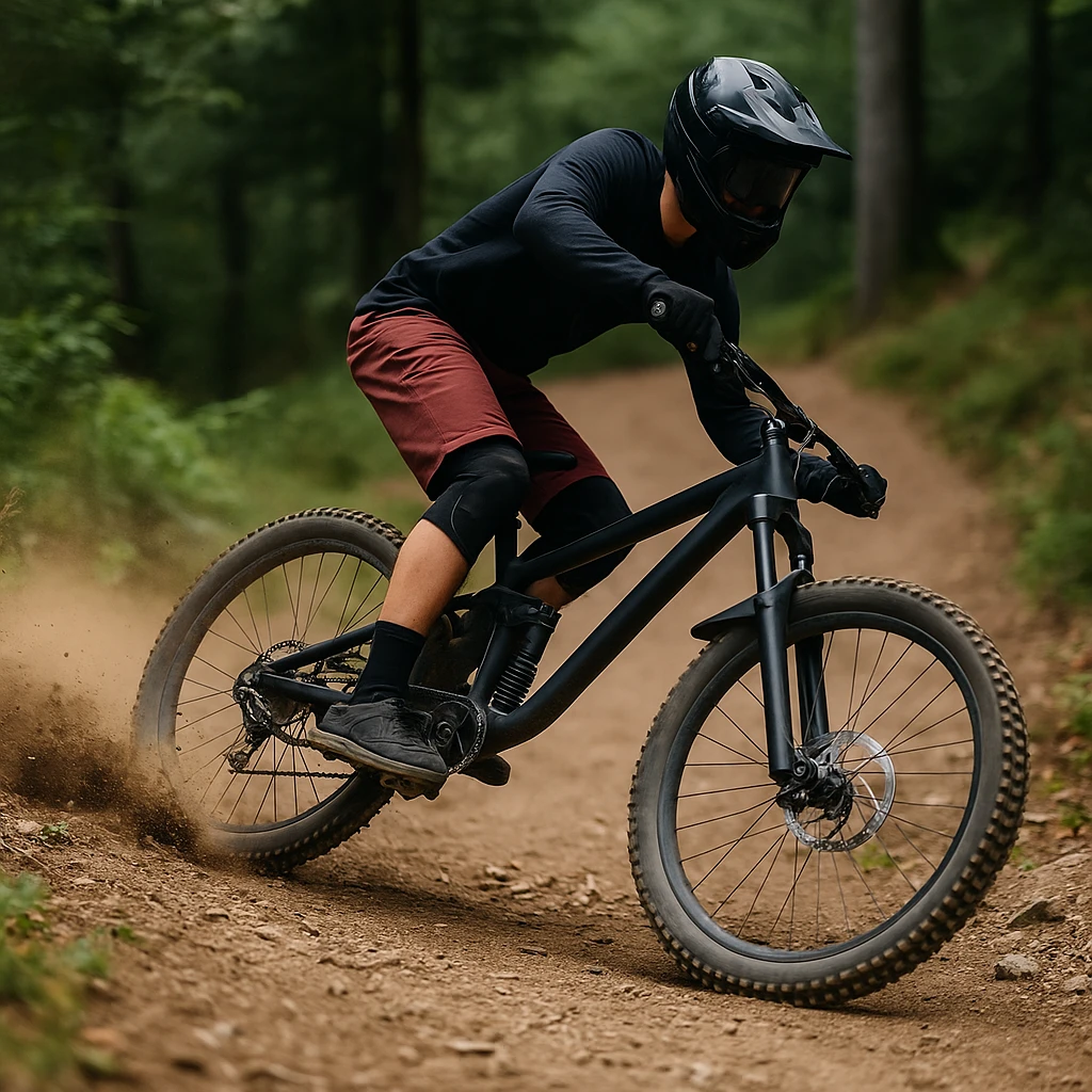 Downhill-Biker bremst in Kurve auf Waldtrail