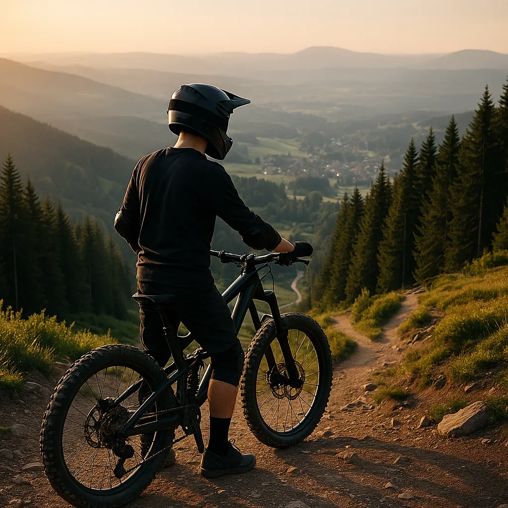 Downhill-Biker vor dem Start – bereit für den Trail ins Tal
