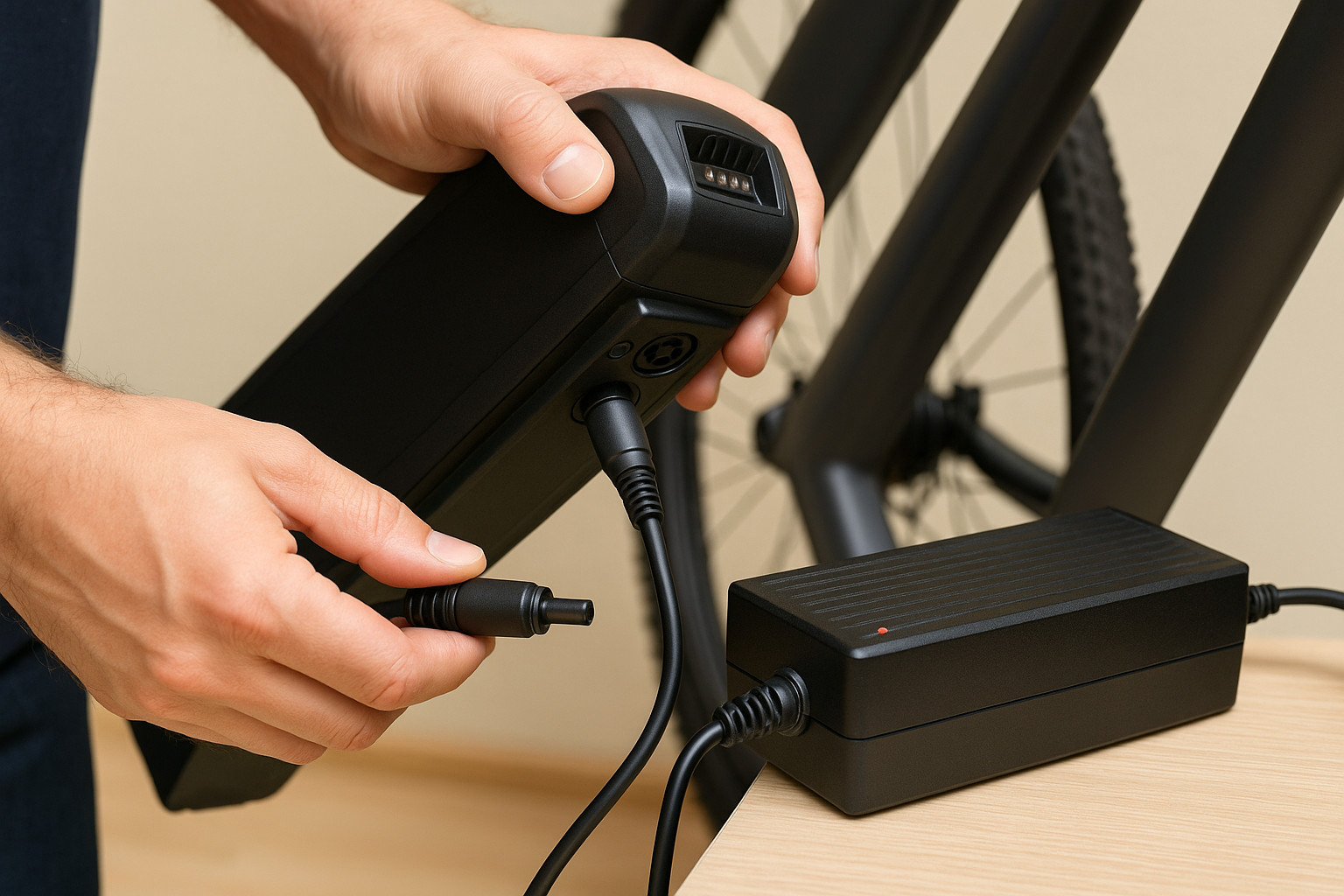 E-Bike Akku wird vorsichtig mit passendem Ladegerät verbunden. Der Stecker wird gerade eingesetzt, um die Kontakte nicht zu beschädigen.