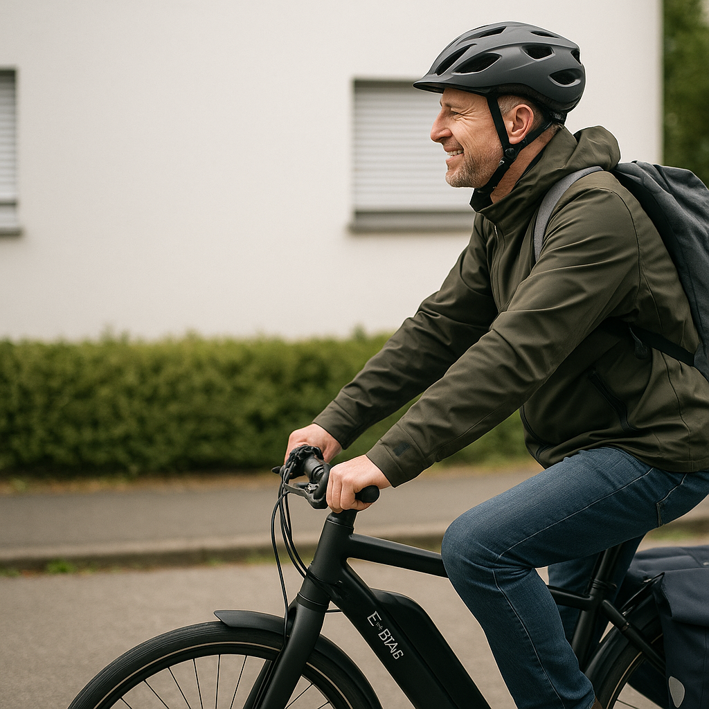 E-Bike Fahrer mit Taschen im Eco-Modus und gleichmäßigem Tritt