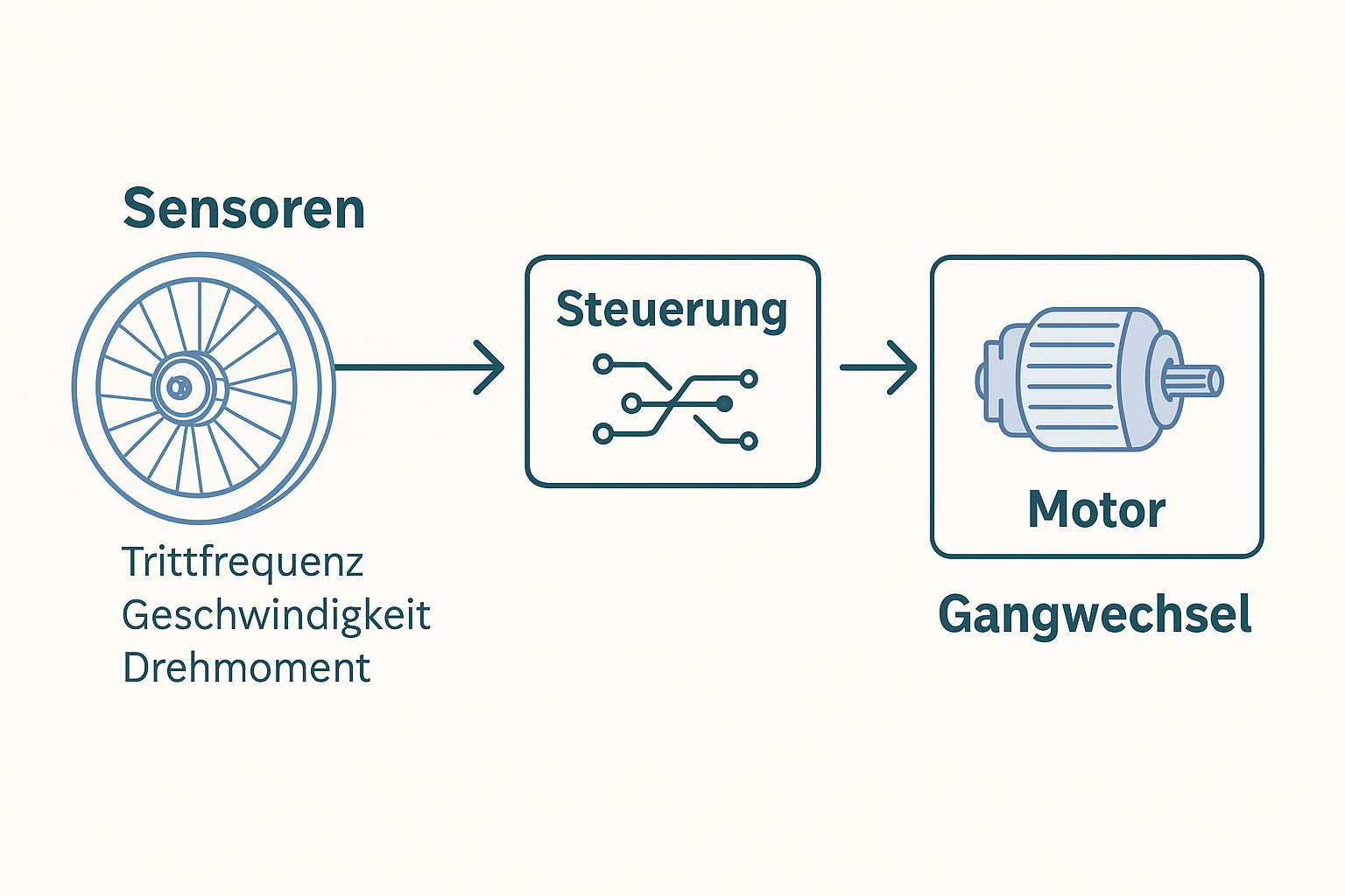 Infografik zur Funktionsweise einer automatischen E-Bike-Schaltung mit Sensoren, Steuerung und Motor