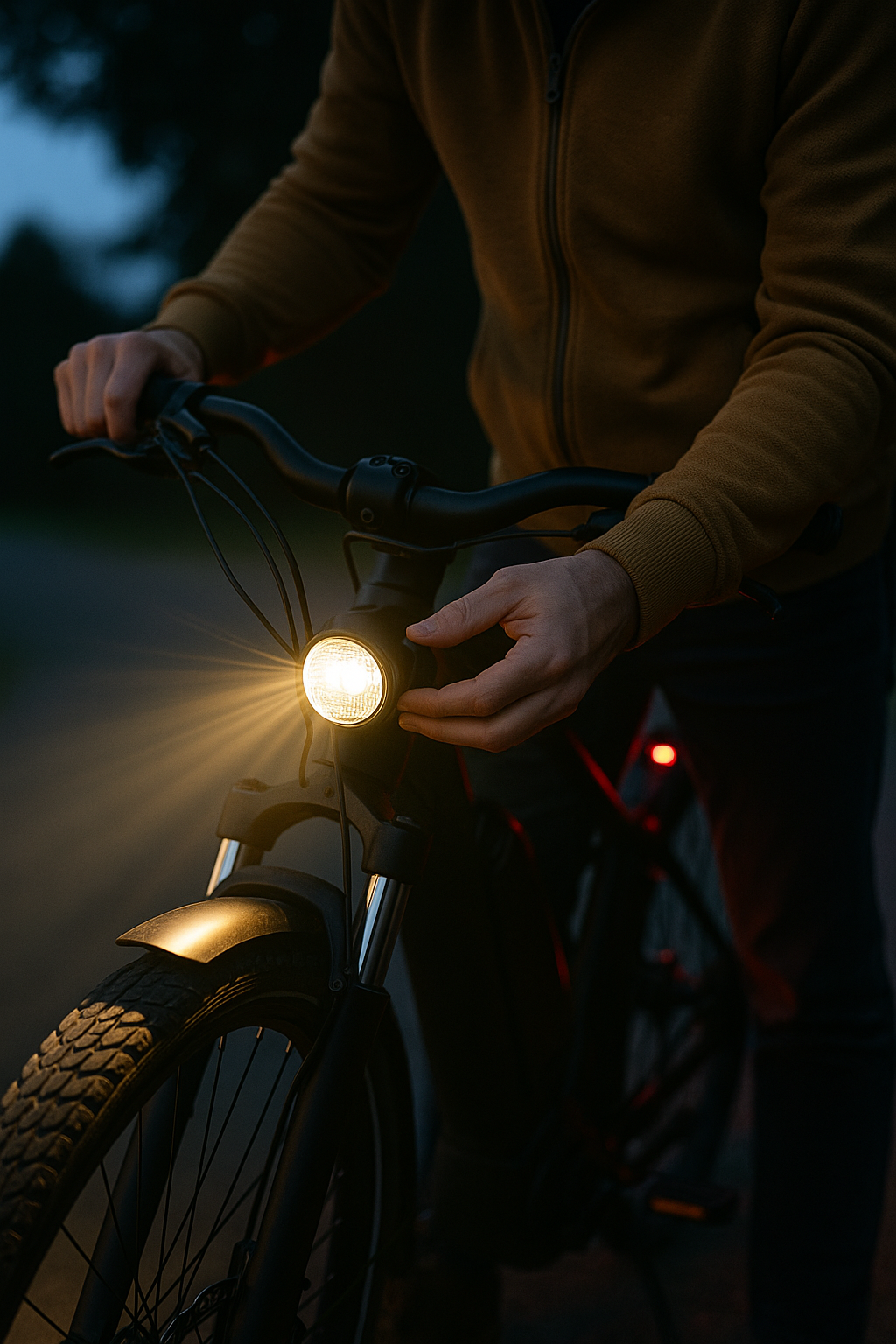 Person richtet E-Bike Beleuchtung bei Dämmerung aus