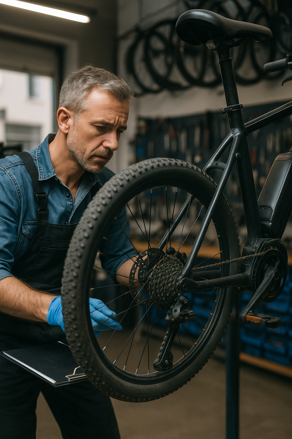 Fahrradmechaniker bei der Inspektion eines E-Bikes in der Werkstatt