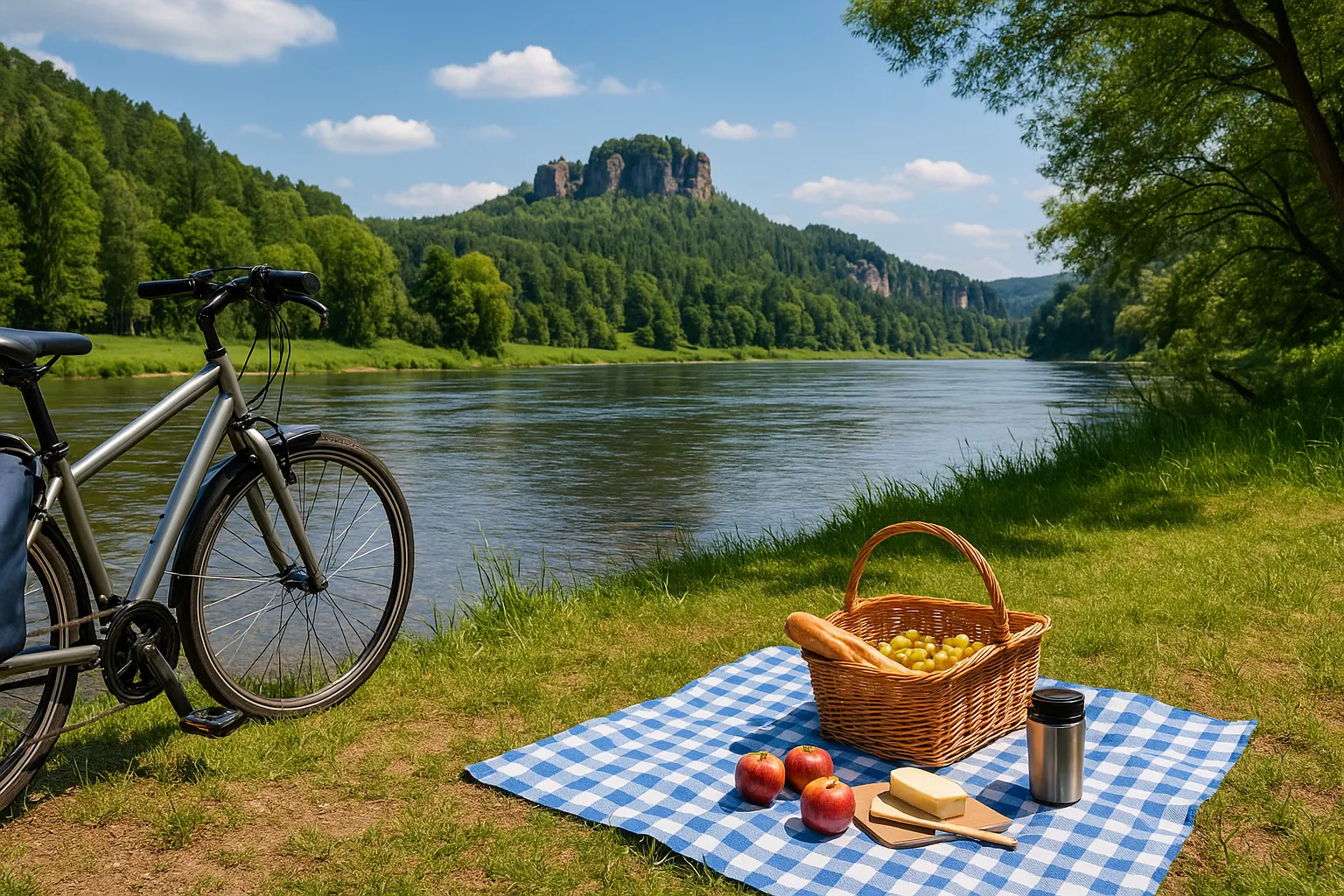 Picknickplatz mit Fahrrad am Elberadweg mit Blick auf das Elbsandsteingebirge