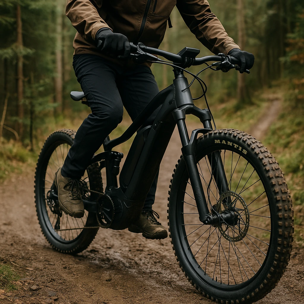 Elektro-Mountainbike auf Waldweg im Einsatz, Fokus auf Reifen und Motor
