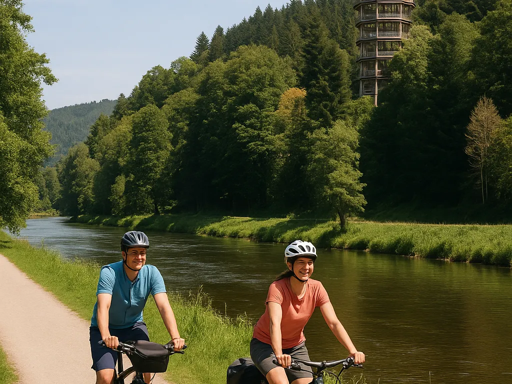 Radfahrer am Enztal-Radweg mit Blick auf den Schwarzwald und den Baumwipfelpfad bei Bad Wildbad