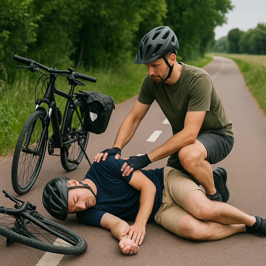 Radfahrer leistet Erste Hilfe nach einem Sturz auf Radweg