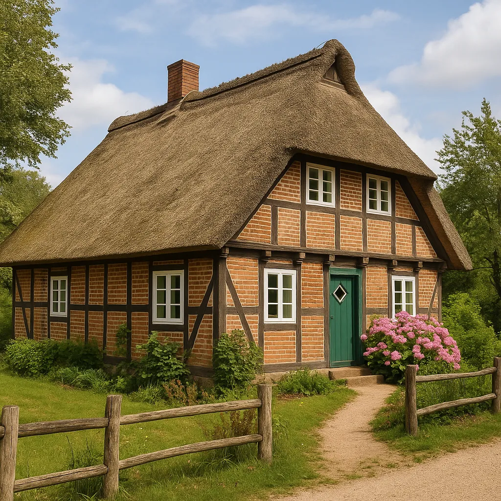 Typisches Fachwerkhaus mit Reetdach in der Lüneburger Heide