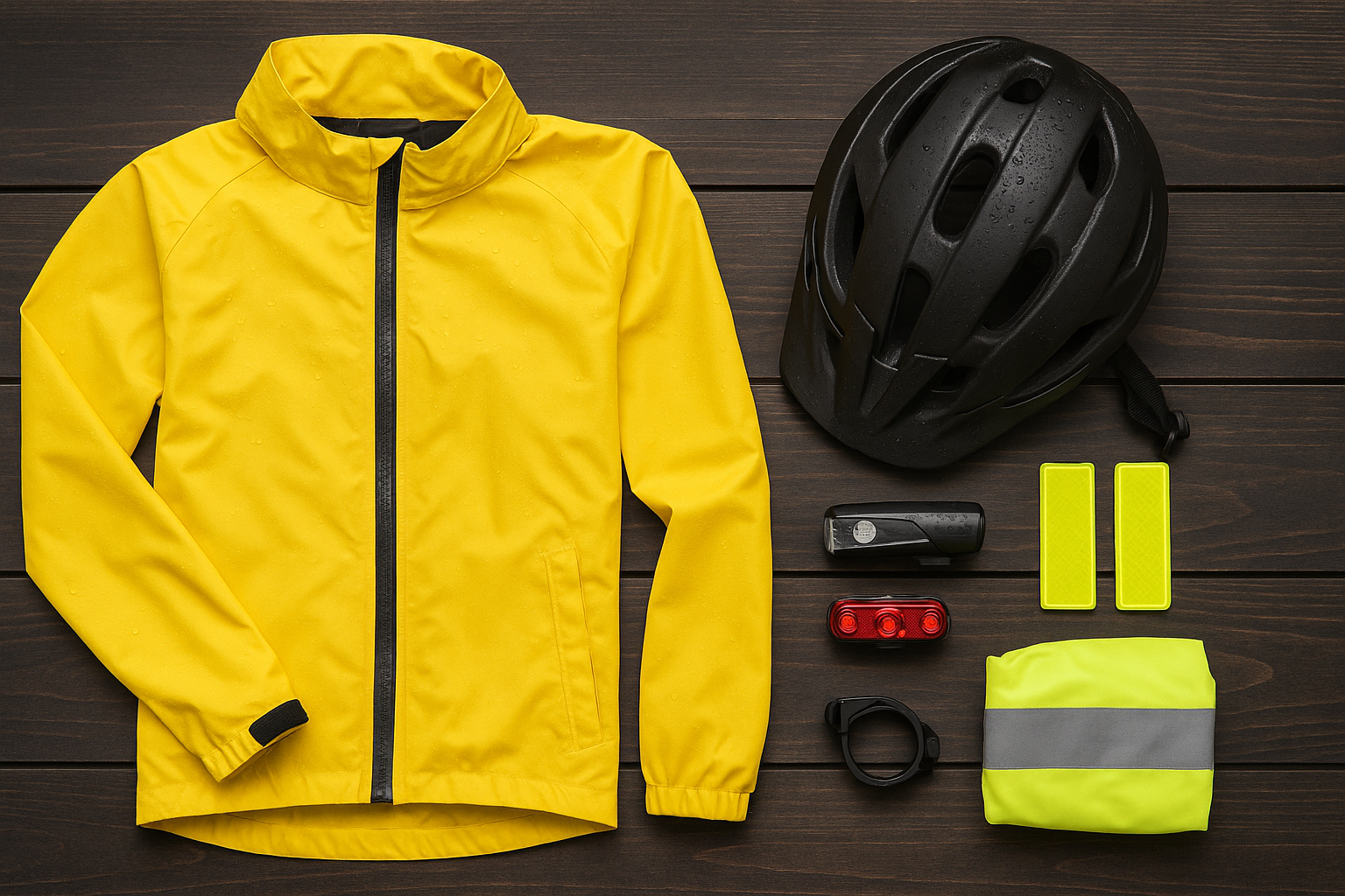 Ausrüstung für schlechtes Wetter: Jacke, Helm, Reflektoren