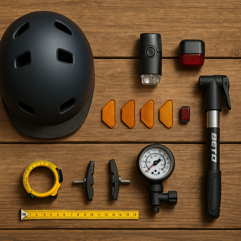 Flatlay mit Fahrrad-Basics: schwarzer Helm, Fahrradlichter, orange Reflektoren, Mini-Pumpe, Maßband und Bremsbeläge auf Holzuntergrund