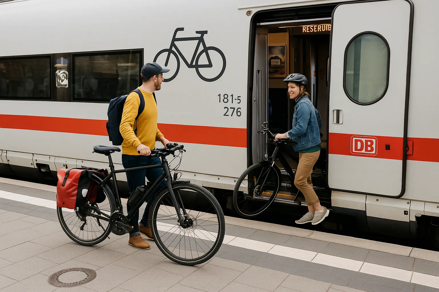 Zwei Radreisende steigen ins IC-Fahrradabteil ein