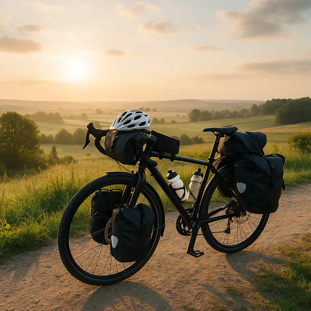 Tourenrad mit Packtaschen im Morgenlicht
