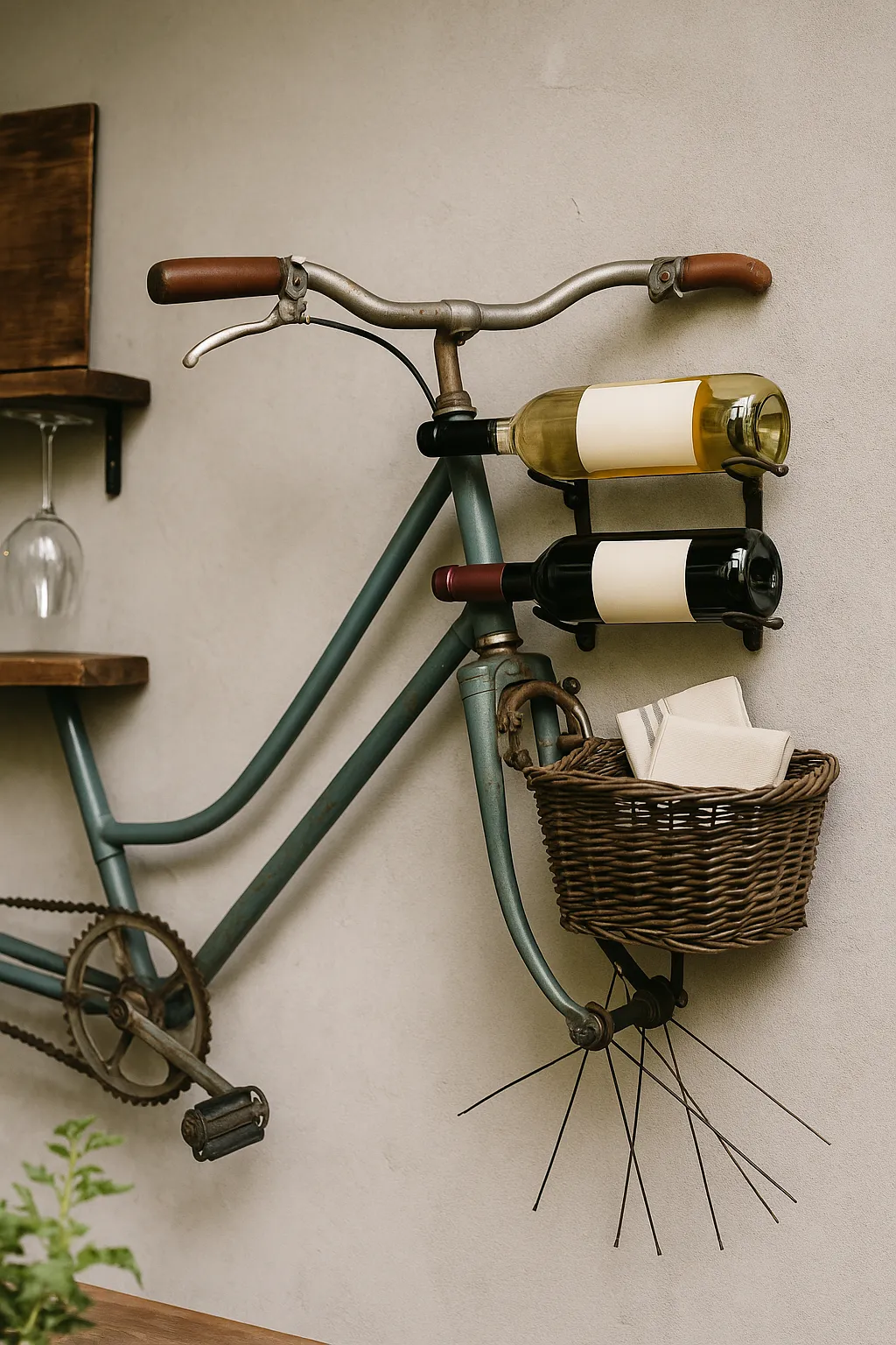 Vintage Fahrradrahmen als Weinständer mit Flaschen und Korb