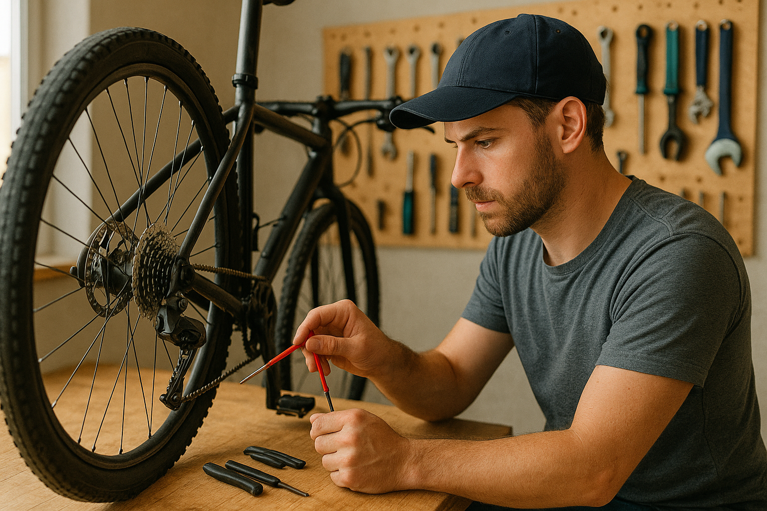 Radfahrer repariert sein Fahrrad in der heimischen Werkstatt