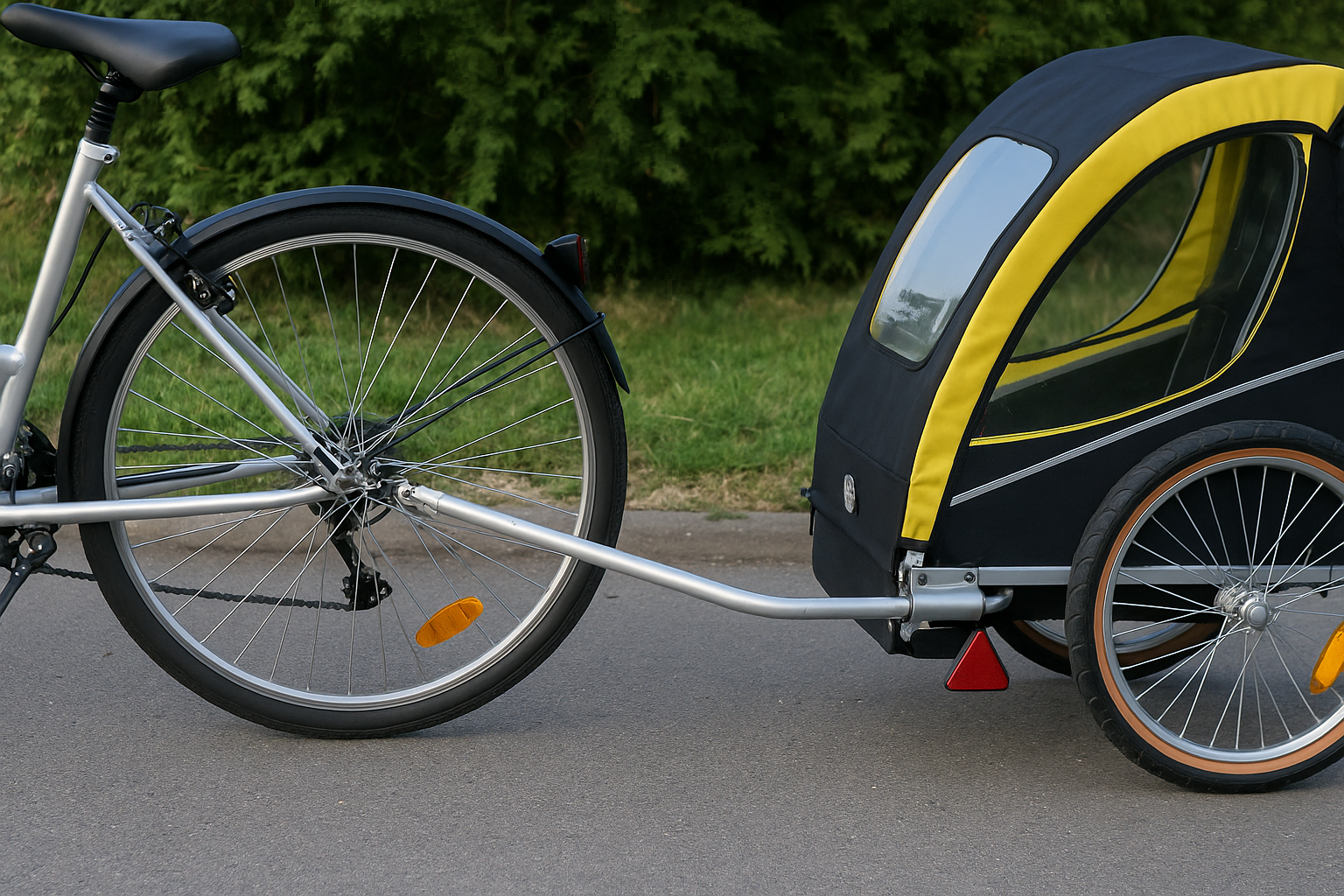 Fahrradanhänger am Fahrrad montiert, Fokus auf Kupplung und Rückstrahler