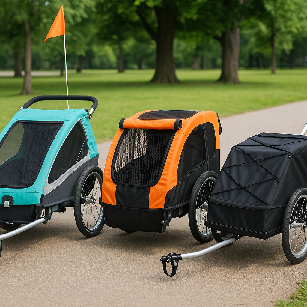 Drei Fahrradanhänger: Kinderanhänger, Hundeanhänger und Lastenanhänger nebeneinander auf einem Weg im Park