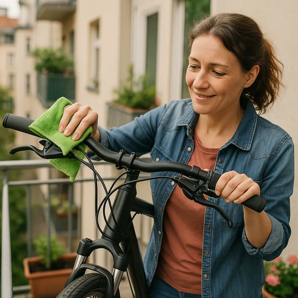 Fahrradreinigung auf dem Balkon mit Mikrofasertuch