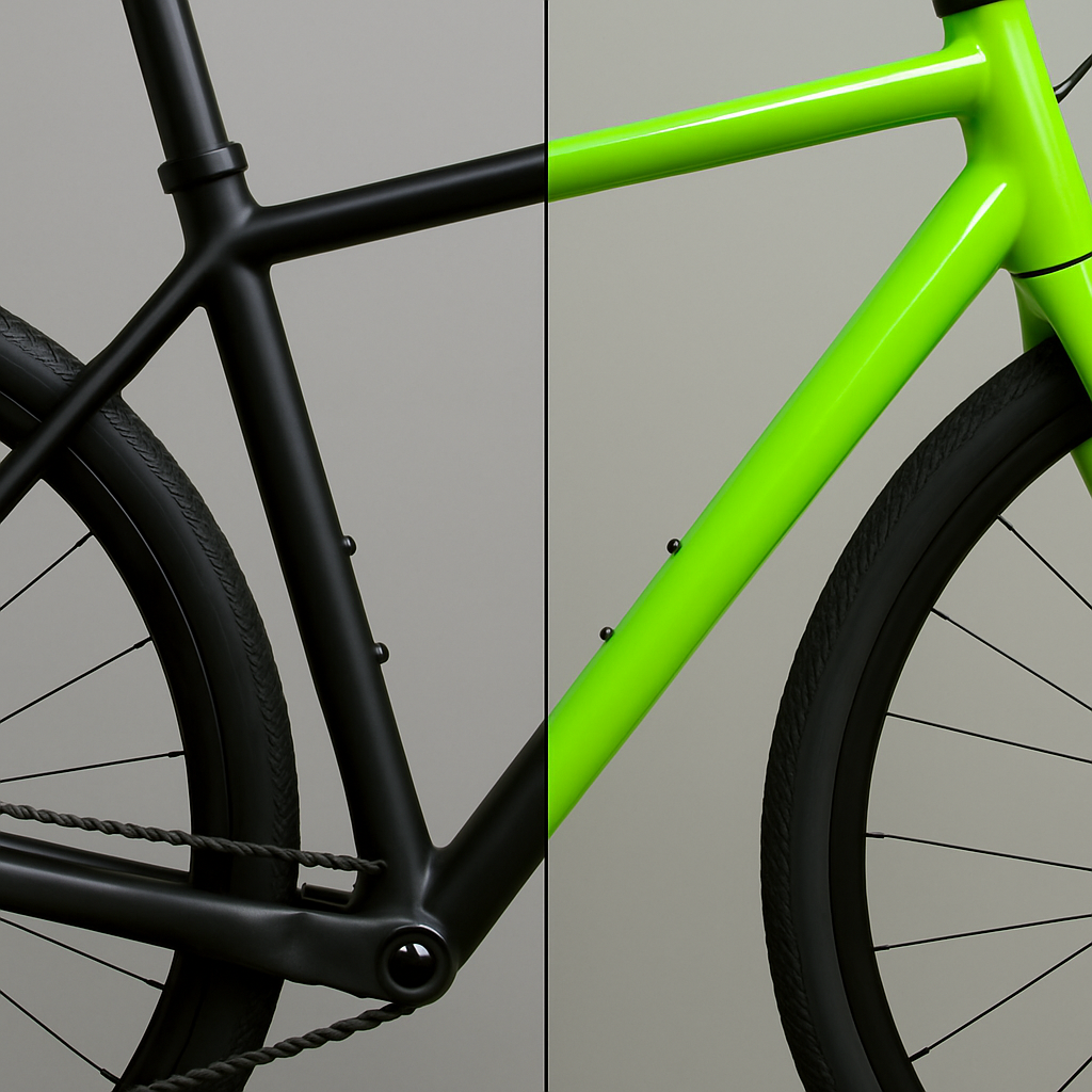 Vorher-Nachher Vergleich eines Fahrradrahmens ohne Text: links matt schwarz, rechts neongrün foliert