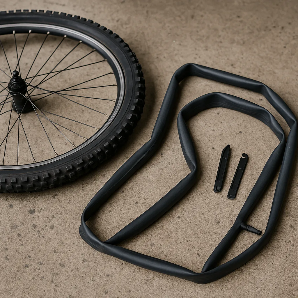 Fahrradreifen mit losem Schlauch und Werkzeug