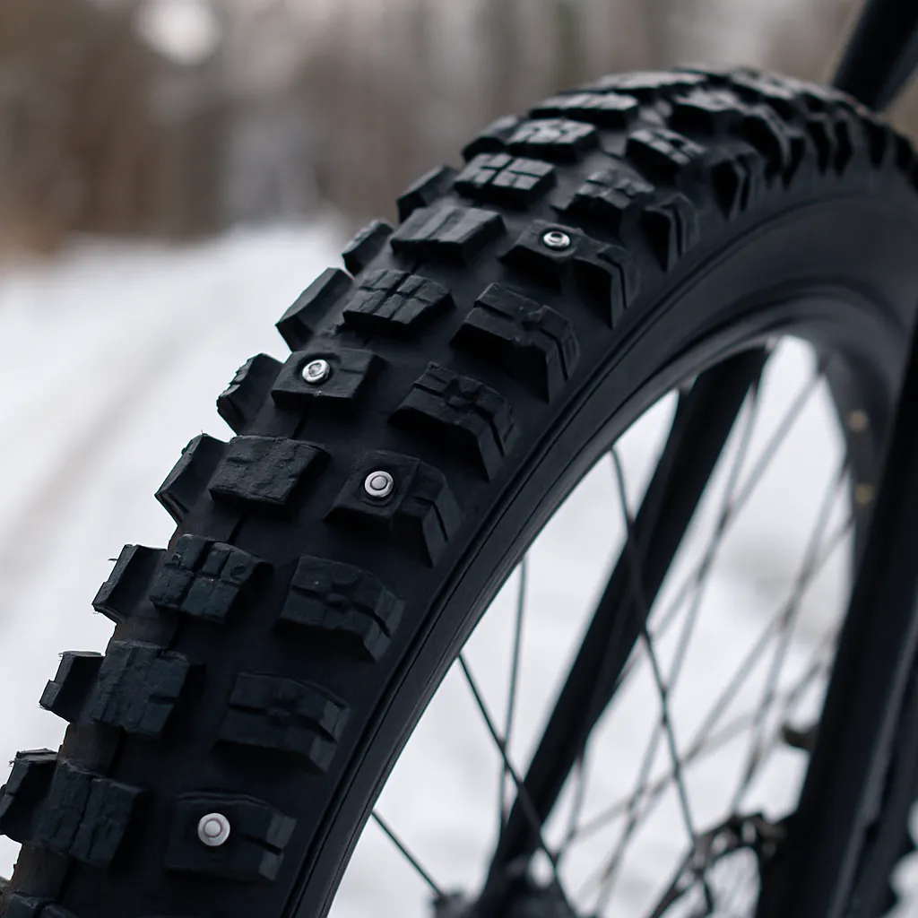 Winterreifen mit grobem Profil auf verschneitem Radweg – mehr Grip bei Schnee und Eis