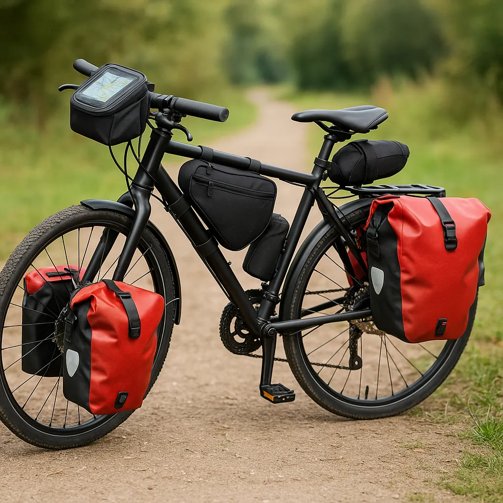 Verschiedene Fahrradtaschen am Rad befestigt