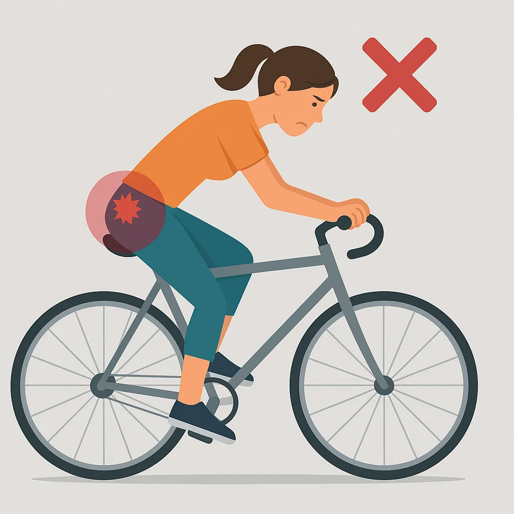 Falsche Sitzposition auf dem Fahrrad mit markiertem Schmerzbereich