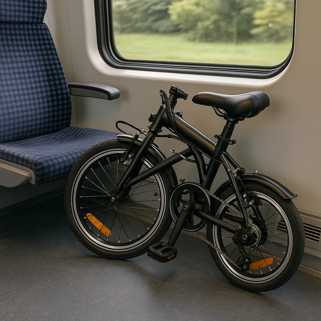 Kompaktes Faltrad im Zug neben Sitzplatz
