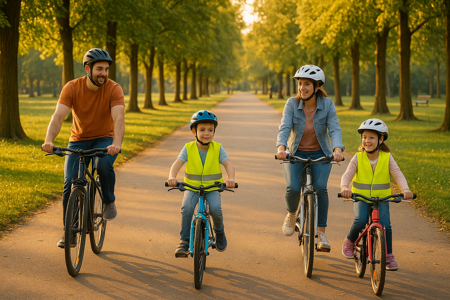 Familie mit zwei Kindern fährt entspannt mit dem Fahrrad auf einem autofreien Parkweg im Abendlicht – alle tragen Helme und reflektierende Westen
