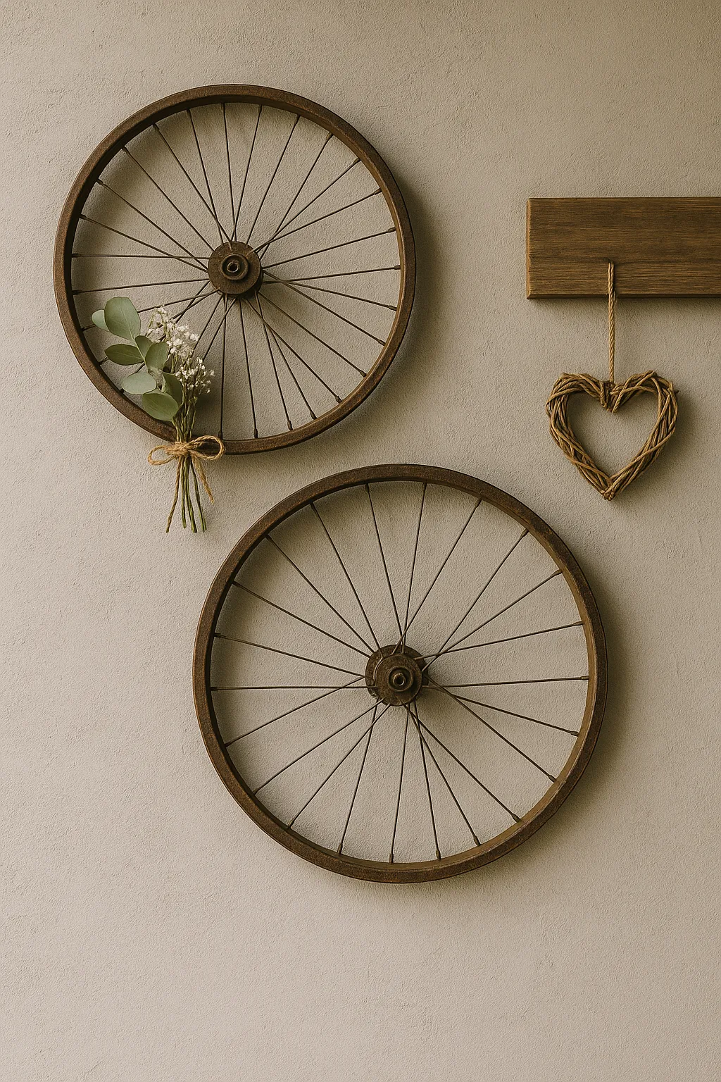 Wanddeko aus alten Fahrradfelgen mit Trockenblumen und Herzornament