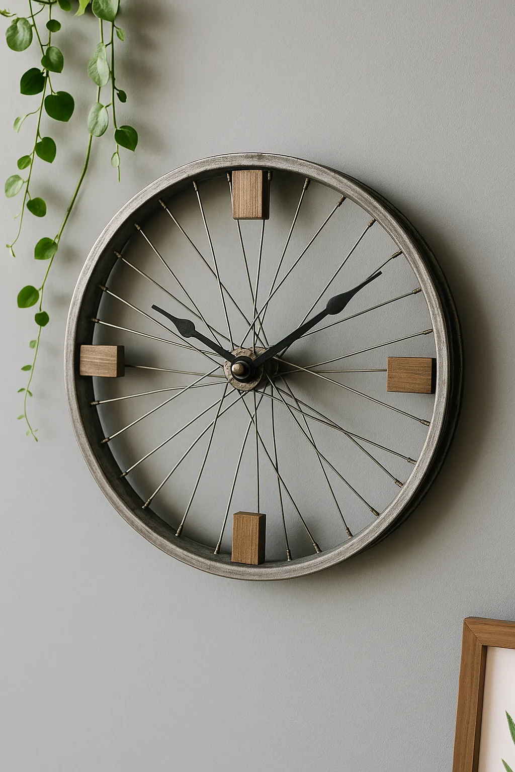 DIY Wanduhr aus alter Fahrradfelge mit Holzmarkierungen