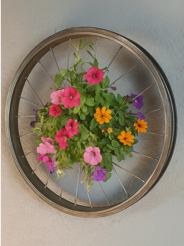 Bepflanzte Fahrradfelge als Blumenrad am Holzzaun