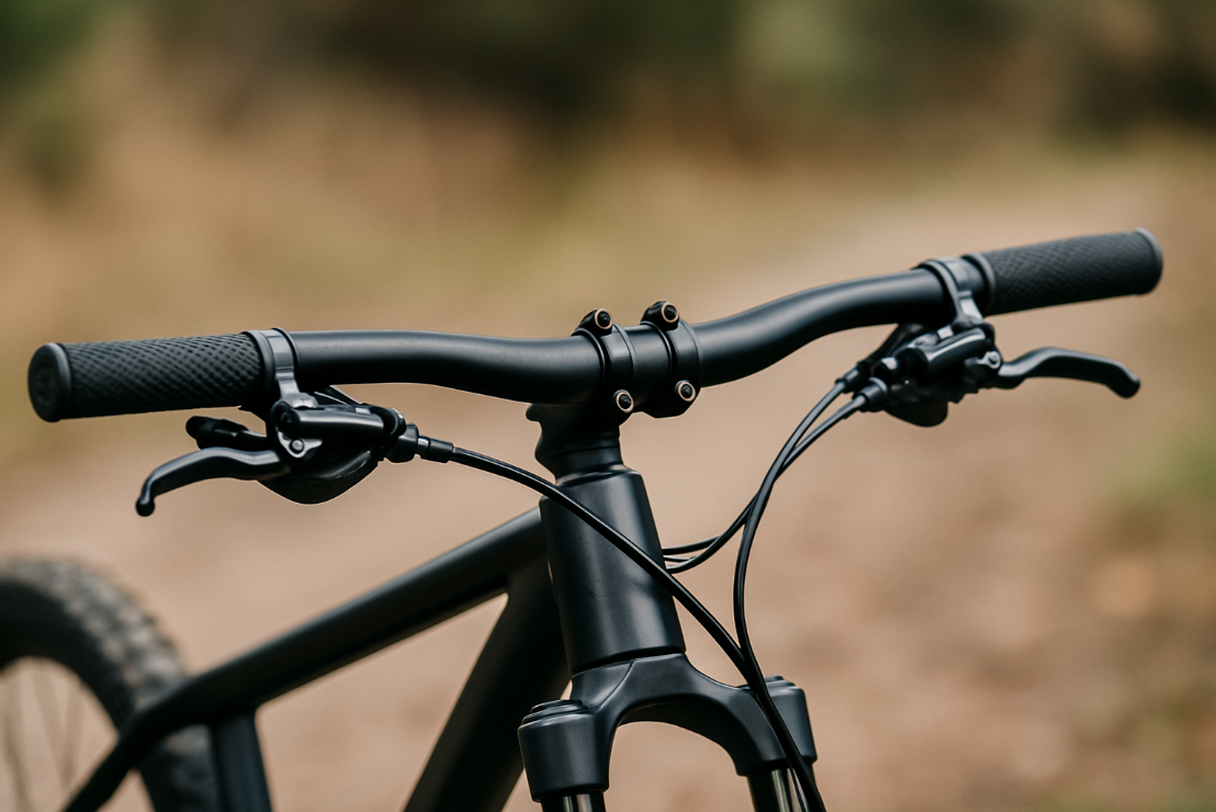 Flatbar-Lenker an einem Mountainbike in Nahaufnahme