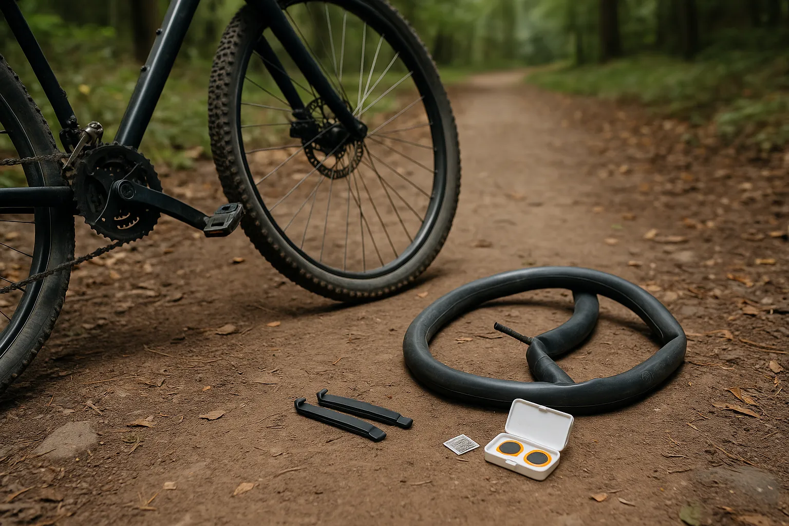 Flickzeug und Fahrradschlauch auf Waldweg neben ausgebautem Hinterrad