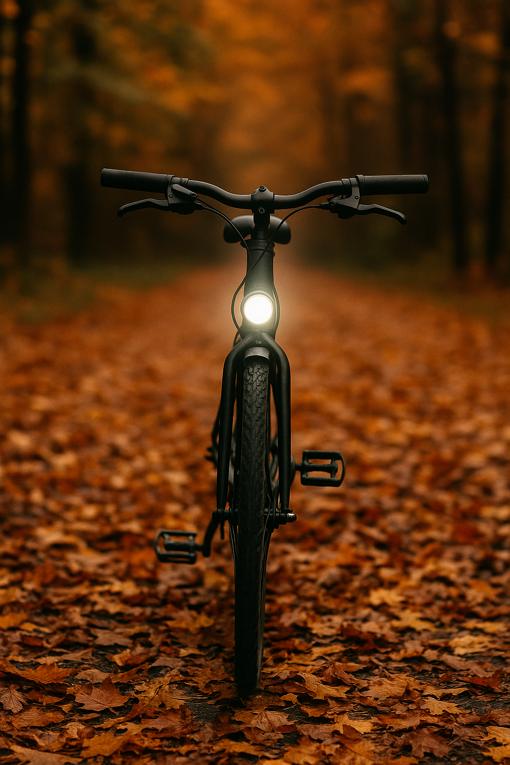 Fahrrad im Herbstlaub mit eingeschaltetem Frontlicht