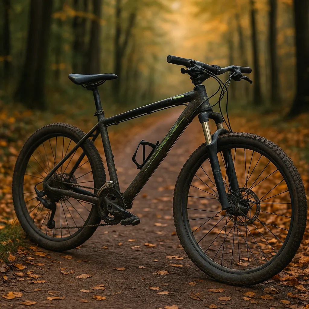 Gebrauchtes Mountainbike auf Waldweg