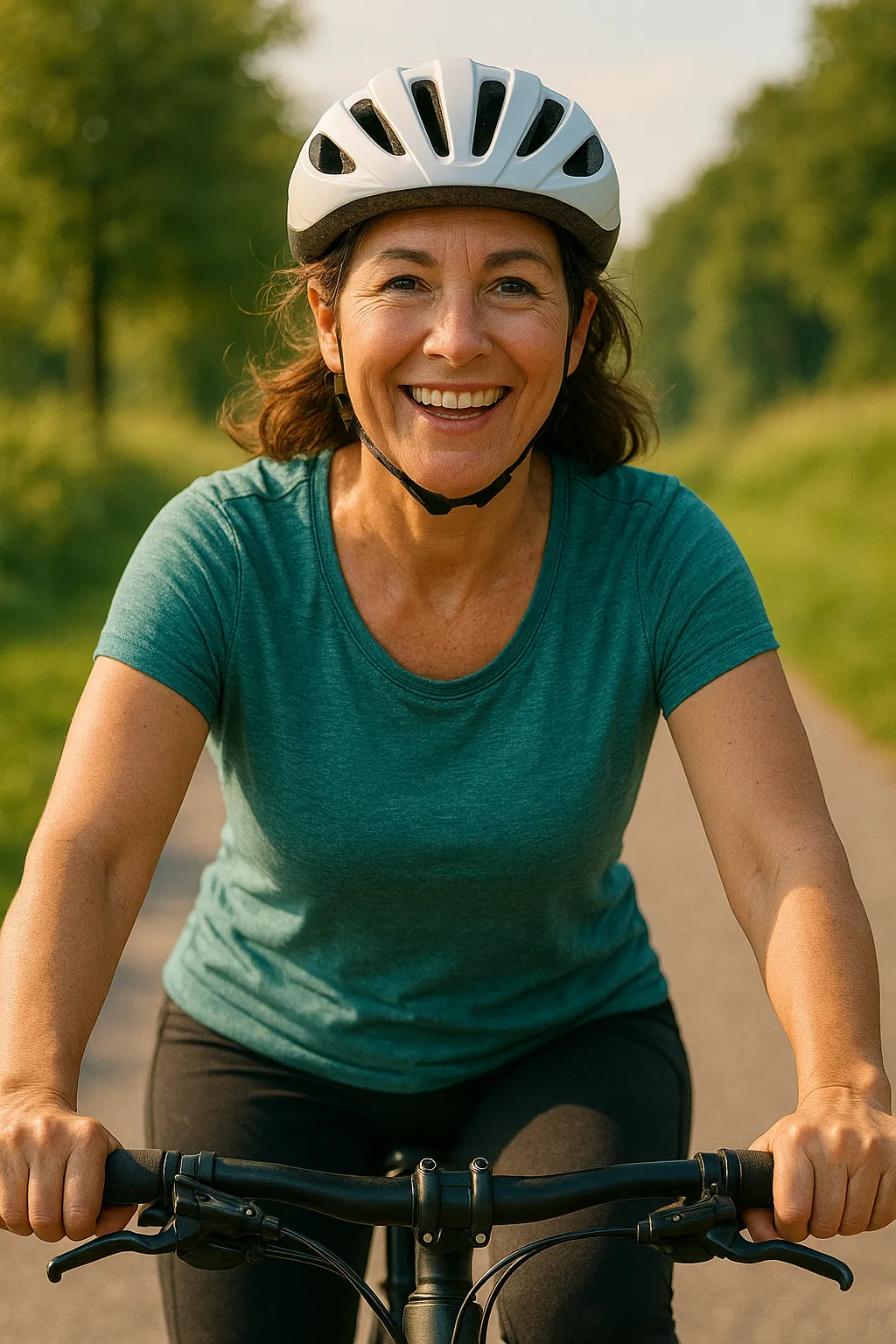 Frau auf Fahrrad lächelt in die Kamera bei Sonnenschein