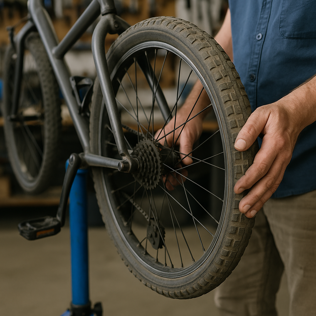 Fahrrad im Montageständer: Reifen wird geprüft, Hand am Schnellspanner
